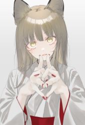 Rule 34 | 1girl, animal ears, blonde hair, fingernails, fox ears, grey background, grey kimono, highres, interlocked fingers, japanese clothes, kimono, long hair, long sleeves, looking at viewer, nail polish, nekoume, original, own hands together, parted lips, red nails, simple background, slit pupils, solo, yellow eyes