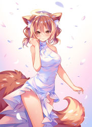 Rule 34 | 1girl, animal ear fluff, animal ears, artist name, bare arms, bare shoulders, blonde pubic hair, blush, borrowed character, breasts, brown eyes, brown hair, closed mouth, commission, cowboy shot, crescent, dress, fox ears, fox tail, from below, gem, glowing, gradient background, halo, hand up, highres, hyanna-natsu, medium breasts, original, petals, pink background, short hair, short twintails, sleeveless, sleeveless dress, smile, solo, standing, tail, thighs, tiara, twintails, white dress