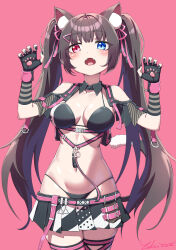 Rule 34 | 1girl, animal ear fluff, animal ears, bare shoulders, bikini, black gloves, black nails, blue eyes, breasts, cat ears, cat girl, cat tail, collarbone, fangs, fingerless gloves, gloves, goddess of victory: nikke, hair ribbon, hands up, heart, heterochromia, highres, large breasts, long hair, looking at viewer, nail polish, nero (nikke), pink eyes, pink thighhighs, ribbon, simple background, single thighhigh, standing, swimsuit, tail, tail raised, thighhighs, thighs, twintails, two-tone bikini, white background, wide hips, yuki7128