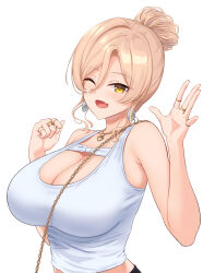Rule 34 | 1girl, bag, bare shoulders, black pants, blonde hair, blush, breasts, cleavage, cleavage cutout, clothing cutout, earrings, fang, hair between eyes, hair bun, handbag, highres, jewelry, large breasts, long hair, looking at viewer, midriff, nijisanji, nui sociere, nui sociere (7th costume), official alternate costume, open mouth, pants, reirall, ring, simple background, skin fang, smile, solo, tank top, virtual youtuber, waving, white background, white tank top, yellow eyes