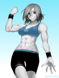 Rule 34 | 1girl, abs, biceps, blue background, clenched hand, collarbone, colored skin, elee0228, english text, flexing, gradient background, grey eyes, grey hair, grey skin, highres, looking at viewer, navel, nintendo, original, short hair, shorts, solo, sports bra, sportswear, standing, starbottle, teeth, tight clothes, watermark, white background, wii fit, wii fit trainer, wii fit trainer (female)