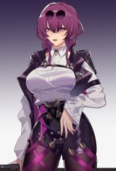 Rule 34 | 1girl, absurdres, black jacket, black shorts, breasts, chest harness, cleavage, glasses, gloves, harness, highres, honkai: star rail, honkai (series), jacket, jacket on shoulders, jewelry, kafka (honkai: star rail), large breasts, light smile, looking at viewer, medium breasts, medium hair, pince-nez, purple eyes, purple gloves, purple hair, round eyewear, shirt, shirt tucked in, shorts, signature, simple background, solo, standing, yiran