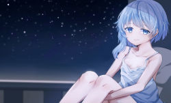 Rule 34 | 1girl, absurdres, asymmetrical hair, blue eyes, blue hair, closed mouth, collarbone, dress, feet out of frame, highres, hugging own legs, kantai collection, logiclr, long hair, minazuki (kancolle), night, night sky, sky, sleeveless, sleeveless dress, smile, solo, star (sky), starry sky, white dress