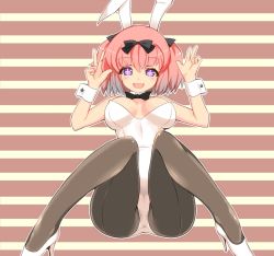 Rule 34 | 10s, 1girl, :d, animal ears, black pantyhose, bow, bowtie, breasts, cleavage, double v, fake animal ears, hair bow, hibari (senran kagura), high heels, large breasts, leotard, looking at viewer, mocco (mocco san1), open mouth, pantyhose, pink hair, playboy bunny, purple eyes, rabbit ears, senran kagura, shoes, short hair, short twintails, simple background, sitting, smile, solo, striped, striped background, symbol-shaped pupils, twintails, v, w, wrist cuffs