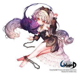 Rule 34 | 1girl, artist name, ass, bad id, bad pixiv id, barefoot, cat, chain, cheek-to-cheek, copyright name, creature, cross, cuffs, detached sleeves, full body, heads together, kitten, long hair, looking at viewer, official art, purple eyes, red eyes, shackles, silver hair, terong, unleashed