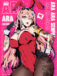 Rule 34 | 1girl, abs, animal ears, blue eyes, breasts, candy, cleavage, cover, darling in the franxx, defaultz, fake animal ears, food, hair ornament, hairclip, highres, large breasts, leotard, linea alba, lollipop, long hair, looking at viewer, magazine cover, pantyhose, pink hair, playboy bunny, rabbit ears, rose tattoo, skull tattoo, solo, tattoo, arm tattoo, tattoo on hips, tongue, tongue out, very long hair, zero two (darling in the franxx)