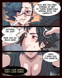 Rule 34 | 1boy, 1girl, 3koma, artist name, black hair, breasts, butter sugoi, cleavage, comic, earrings, english text, glasses, highres, jewelry, large breasts, mother and son, one eye closed, open mouth, original, purple eyes, red eyes, scissors, short hair, smile, speech bubble, stud earrings, sweatdrop
