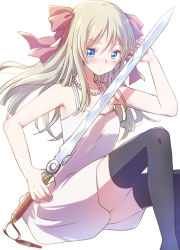 Rule 34 | 1girl, absurdres, black thighhighs, blonde hair, blue eyes, bow, breasts, cop craft: dragnet mirage reloaded, facial mark, feet out of frame, forehead mark, hair bow, hair ornament, highres, holding, holding sword, holding weapon, jewelry, long hair, looking at viewer, necklace, nyaa (nnekoron), pink bow, pointy ears, simple background, sitting, small breasts, solo, sword, thighhighs, tilarna exedilika, weapon