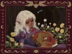 Rule 34 | 1boy, androgynous, book, border, bow, closed eyes, dark-skinned male, dark elf, dark skin, dungeon meshi, elf, flower, grimoire, highres, holding, holding book, long hair, long sleeves, lying, male focus, on back, ornate border, pointy ears, puff and slash sleeves, puffy sleeves, purple tunic, short bangs, solo, thistle (dungeon meshi), voltamagica, wavy hair, white hair