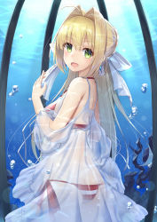 Rule 34 | 1girl, :d, ahoge, ass, bikini, blonde hair, bubble, butt crack, earrings, fate/grand order, fate (series), green eyes, hair intakes, heijialan, jewelry, long hair, looking at viewer, nero claudius (fate), nero claudius (fate) (all), nero claudius (swimsuit caster) (fate), nero claudius (swimsuit caster) (third ascension) (fate), open mouth, see-through, side-tie bikini bottom, smile, solo, striped bikini, striped clothes, swimsuit