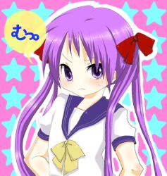 Rule 34 | 00s, 1girl, bad id, bad pixiv id, blush, closed mouth, frown, hands on own hips, hiiragi kagami, ichihaya, long hair, looking at viewer, lucky star, neckerchief, pout, puffy short sleeves, puffy sleeves, purple eyes, purple hair, sailor collar, school uniform, serafuku, short sleeves, sidelocks, simple background, solo, star (symbol), starry background, sweatdrop, upper body, very long hair, yellow neckerchief