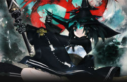Rule 34 | 10s, 1girl, black hair, black rock shooter, black rock shooter arcana, blue eyes, elder caster, hat, huke, long hair, official art, scar, solo, taiki (luster), twintails, weapon, witch hat