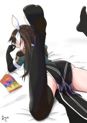 Rule 34 | 1girl, akashieru, ass, black gloves, brown hair, chips (food), elbow gloves, food, from behind, gloves, green shirt, highres, kantai collection, long hair, lying, meme, military uniform, on stomach, one-hour drawing challenge, pelvic curtain, potato chips, schrodinger&#039;s panties (meme), shirt, simple background, single elbow glove, solo, tone (kancolle), tone kai ni (kancolle), twintails, uniform, white background
