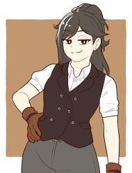 Rule 34 | 1girl, belt buckle, black hair, black vest, brown background, brown eyes, buckle, clip studio paint (medium), commentary, english commentary, gloves, grin, highres, long hair, looking at viewer, original, ponytail, shirt, short sleeves, smile, solo, vest, vibrantrida, white background, white shirt