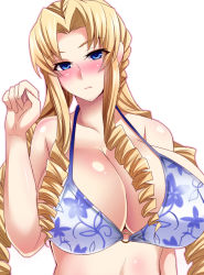 Rule 34 | 1girl, bikini, blonde hair, blue eyes, blush, breasts, collarbone, drill hair, female focus, huge breasts, long hair, long twintails, marguerite pistail, nishida megane, shiny skin, simple background, solo, standing, super robot wars, super robot wars z, super robot wars z2, swimsuit, twintails, upper body, white background