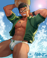 1boy abs ball bara black_hair bulge dark-skinned_male dark_skin facial_hair glasses gorioxxxx green_hair highres holding holding_ball kyoichi_(live_a_hero) large_pectorals live_a_hero male_focus male_swimwear multicolored_hair muscular muscular_male navel nipples pectorals short_hair smile solo teeth two-tone_hair white_male_swimwear