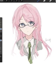 1girl 4nots1 art_program_in_frame bang_dream! bang_dream!_it&#039;s_mygo!!!!! chihaya_anon closed_mouth commentary cropped_torso dated glasses green_necktie grey_eyes grey_jacket haneoka_school_uniform highres jacket looking_at_viewer necktie pink_hair procreate_(medium) school_uniform shirt simple_background solo symbol-only_commentary upper_body white_background white_shirt