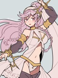 1girl bare_shoulders blush braid breasts dancer dancing detached_sleeves do_m_kaeru fire_emblem fire_emblem_awakening floating_hair grey_background long_hair looking_at_viewer medium_breasts navel nintendo olivia_(fire_emblem) open_mouth panties pink_eyes pink_hair ponytail revealing_clothes simple_background smile solo stomach twin_braids underwear very_long_hair white_panties