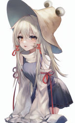 Rule 34 | 1girl, :p, blonde hair, blue skirt, blue vest, blush, brown hat, closed mouth, commentary, cowboy shot, detached sleeves, hair between eyes, hair ribbon, hat, highres, long hair, long sleeves, looking at viewer, maho moco, moriya suwako, red ribbon, ribbon, ribbon-trimmed skirt, ribbon trim, shirt, sidelocks, simple background, skirt, skirt set, solo, tongue, tongue out, touhou, turtleneck, vest, white background, white shirt, white sleeves, wide sleeves, yellow eyes