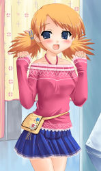 Rule 34 | 1girl, bag, blonde hair, blue eyes, blue skirt, blush, breasts, collarbone, hair ornament, handbag, hase yu, highres, long sleeves, looking at viewer, low twintails, medium breasts, open mouth, pink shirt, sasamori karin, shirt, skirt, sleeves past wrists, smile, standing, to heart (series), to heart 2, twintails
