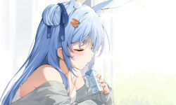 Rule 34 | 1girl, animal ear fluff, animal ears, bare shoulders, blue hair, blue nails, blue ribbon, blush, carrot hair ornament, closed eyes, commentary, double bun, drinking straw, drinking straw in mouth, extra ears, food-themed hair ornament, from side, grey jacket, hair bun, hair ornament, hair ribbon, hana mori, highres, hololive, jacket, juice box, long hair, long sleeves, nail polish, off shoulder, profile, rabbit ears, ribbon, shirt, short eyebrows, solo, symbol-only commentary, thick eyebrows, usada pekora, virtual youtuber, white shirt
