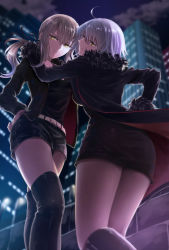 Rule 34 | 2girls, ahoge, artoria pendragon (all), artoria pendragon (fate), ass, blonde hair, blurry, commentary request, depth of field, fate/grand order, fate/stay night, fate (series), fur trim, jacket, jeanne d&#039;arc (fate), jeanne d&#039;arc (ruler) (fate), jeanne d&#039;arc alter (fate), jeanne d&#039;arc alter (ver. shinjuku 1999) (fate), long hair, looking at viewer, multiple girls, official alternate costume, omizu (omz), ponytail, saber (fate), saber alter, saber alter (ver. shinjuku 1999) (fate), short hair, shorts, smile, yellow eyes