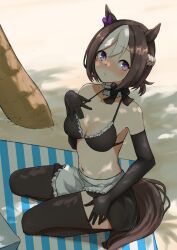 Rule 34 | 1girl, animal ears, apron, beach towel, bikini, black gloves, black thighhighs, blush, bow, breasts, brown hair, commission, day, ear bow, elbow gloves, frills, gloves, hand on own chest, highres, horse ears, horse girl, horse tail, looking at viewer, maid, maid bikini, medium breasts, multicolored hair, nose blush, outdoors, purple bow, purple eyes, sand, shade, sitting, skeb commission, solo, special week (umamusume), swimsuit, tail, thighhighs, towel, umamusume, umibudou, unconventional maid, waist apron, white hair