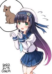Rule 34 | 1girl, animal request, artist name, black hair, blue neckerchief, blue sailor collar, blue skirt, commentary request, cowboy shot, dated, flying sweatdrops, gloves, gradient hair, green eyes, hairband, hat, highres, kantai collection, long hair, long sleeves, matsuwa (kancolle), multicolored hair, neckerchief, one-hour drawing challenge, owa (ishtail), pink hair, pleated skirt, purple hair, sailor collar, sailor hat, school uniform, serafuku, simple background, skirt, solo, white background, white gloves, white headwear