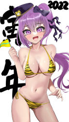 Rule 34 | 1girl, absurdres, amy (shadowverse), animal print, artist request, text background, bikini, blush, bow, breasts, cleavage, collarbone, commentary request, cowboy shot, embarrassed, facial mark, fingernails, flag, hair between eyes, hair bow, hand up, hat, highres, holding, holding flag, long hair, looking at viewer, medium breasts, mini flag, mini hat, navel, open mouth, peaked cap, purple eyes, purple hair, shadowverse, side-tie bikini bottom, side ponytail, sidelocks, simple background, solo, stomach, sweat, swimsuit, tears, thick eyelashes, tiger print, white background