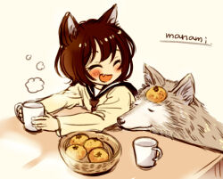 Rule 34 | 1girl, :d, animal, animal ears, artist name, basket, black sailor collar, blush, brown hair, closed eyes, commentary request, cup, facing another, facing to the side, fang, food, food on head, fruit, fruit on head, holding, holding cup, kotatsu, long sleeves, mandarin orange, neckerchief, object on head, open mouth, orange (fruit), original, red neckerchief, sailor collar, school uniform, serafuku, shirt, short hair, signature, simple background, smile, solo, steam, sugano manami, table, upper body, white background, white shirt, wolf, wolf ears