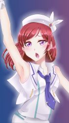 Rule 34 | 1girl, :o, artist name, artist request, bare shoulders, beret, blue necktie, blush, breasts, collarbone, collared shirt, earrings, feather beret, feathers, female focus, hair between eyes, hat, hat feather, highres, jewelry, looking at viewer, love live!, love live! school idol project, medium breasts, necktie, nishikino maki, parted lips, purple eyes, red hair, sailor collar, shirt, short hair, skirt, sleeveless, smile, solo, tie clip, white feathers, white hat, white sailor collar, white shirt, white skirt, wing collar, wonderful rush