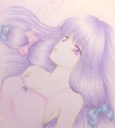 Rule 34 | 1girl, bow, breasts, cleavage, collarbone, dress, hair ribbon, hazuki iku, long hair, looking up, lying, nightgown, on back, on bed, painting (medium), parted lips, patchouli knowledge, pillow, purple eyes, purple hair, ribbon, shikishi, solo, touhou, traditional media, tress ribbon, watercolor (medium)