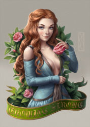 Rule 34 | 1girl, a song of ice and fire, blue eyes, breasts, breasts apart, english text, flower, game of thrones, highres, kotikomori, lips, logo, long hair, long sleeves, looking at viewer, margaery tyrell, medium breasts, nose, pink rose, rose, simple background, smile, solo, text focus, upper body, watermark