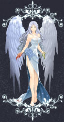 Rule 34 | 1girl, angel, angel wings, bare legs, bare shoulders, barefoot, belinda, blood, blood stain, breasts, cleavage, curly hair, dress, closed eyes, female focus, highres, ktsis, large breasts, large wings, legs, long dress, long hair, side slit, silver hair, smile, solo, sparkle, standing, strapless, strapless dress, unlight, very long hair, white dress, white wings, wings