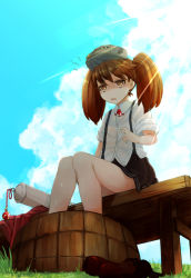 Rule 34 | 10s, 1girl, bad id, bad pixiv id, blue sky, brown hair, brown skirt, bucket, comah, day, hot, kantai collection, knees together feet apart, magatama, ryuujou (kancolle), shirt, shoes, unworn shoes, sitting, skirt, sky, sleeves rolled up, solo, sun, suspenders, sweat, twintails, visor cap, white shirt, wooden bucket