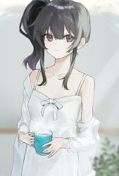 Rule 34 | 1girl, black hair, blurry, blurry background, blush, breasts, closed mouth, commentary request, commission, cup, dress, hair between eyes, highres, holding, holding cup, kurobeko (kur0bek0), long sleeves, looking at viewer, mug, multicolored hair, off shoulder, original, purple eyes, purple hair, side ponytail, sidelocks, skeb commission, small breasts, solo, steam, white dress