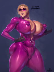 Rule 34 | 1girl, annoyed, areola slip, ass, blonde hair, blue eyes, bodysuit, breasts, cameltoe, choker, cleft of venus, covered erect nipples, curvy, english text, hand on own hip, huge ass, huge breasts, impossible clothes, jumpsuit, large areolae, namco, navel, nina williams, parted bangs, ponytail, purple-tinted eyewear, purple bodysuit, rampage (leedash2), skin tight, solo, standing, steaming body, sunglasses, sweat, teeth, tekken, tekken 4, thick thighs, thighs, tinted eyewear, upper teeth only, v-shaped eyebrows, wide hips