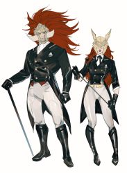 Rule 34 | black coat, black footwear, black gloves, black ribbon, boots, buttons, closed mouth, coat, contemporary, covered eyes, double-breasted, elden ring, fake horns, gloves, helmet, highres, holding, horned helmet, horns, long hair, malenia blade of miquella, neck ribbon, pants, red hair, ribbon, riding boots, riding crop, riding outfit, shadderfans, shirt, simple background, standing, starscourge radahn, tailcoat, white background, white pants, white shirt, winged helmet
