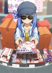Rule 34 | 1girl, black-framed eyewear, blue hair, blue hat, blurry, blurry background, box, cabbie hat, cardboard box, collarbone, drawstring, fingernails, giving, hair ornament, hair tie, hat, holding, jacket, kotonoha akane, kotonoha aoi, kurione (zassou), long hair, long sleeves, manga (object), nee chanto shiyou yo!, open clothes, open jacket, outstretched arms, poster (object), price tag, shirt, solo, sunglasses, tape, voiceroid, white jacket, yellow shirt