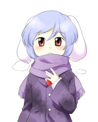 Rule 34 | 1girl, :o, animal ears, blue hair, buttons, floppy ears, hair between eyes, hand up, jacket, light blue hair, long sleeves, looking at viewer, necktie, nonamejd, official style, purple jacket, purple scarf, rabbit ears, rabbit girl, red eyes, red necktie, reisen (touhou bougetsushou), scarf, short hair, simple background, solo, touhou, white background, zun (style)