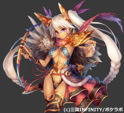 Rule 34 | 1girl, armor, black panties, bow (weapon), bracer, braid, breasts, brown thighhighs, cape, closed mouth, company name, copyright name, crossbow, dark-skinned female, dark skin, earrings, fingernails, floating hair, floral print, fur cape, fur trim, gem, gold trim, grey background, grey cape, hair between eyes, hair ribbon, hand up, headgear, highleg, highleg panties, holding, holding bow (weapon), holding crossbow, holding weapon, hoop earrings, jewelry, long hair, looking at viewer, medium breasts, official art, panties, pauldrons, pink eyes, pink ribbon, pouch, print scarf, red scarf, revealing clothes, ribbon, saltydanshark, sangoku infinity, scabbard, scarf, sheath, sheathed, shiny skin, shoulder armor, sidelocks, simple background, single pauldron, smile, solo, spikes, standing, sword, tassel, thighhighs, torn clothes, torn scarf, twin braids, twintails, underwear, v-shaped eyebrows, very long hair, waist cape, weapon, white hair, wind