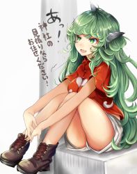 Rule 34 | 1girl, bare legs, breasts, brown footwear, cloud print, collared shirt, cross-laced footwear, curly hair, full body, green eyes, green hair, heart, horns, houdukixx, kariyushi shirt, komano aunn, long hair, medium breasts, messy hair, open mouth, own hands together, red shirt, shirt, shoes, short sleeves, shorts, single horn, sitting, smile, solo, thick eyebrows, thighs, touhou, very long hair, white shorts