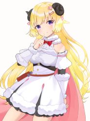 Rule 34 | 1girl, ani (sky1122cc), animal ears, arm behind back, bare shoulders, belt pouch, blonde hair, blush, bow, bowtie, breasts, brooch, cape, closed mouth, cowboy shot, detached sleeves, dress, finger to own chin, fur-trimmed dress, fur-trimmed sleeves, fur trim, hair ornament, hairclip, highres, hololive, horns, jewelry, long hair, looking at viewer, medium breasts, pink cape, pouch, purple eyes, red bow, red bowtie, ribbed sleeves, sheep ears, sheep girl, sheep horns, short dress, sleeveless, sleeveless dress, smile, solo, tsunomaki watame, tsunomaki watame (1st costume), underbust, very long hair, virtual youtuber, white dress