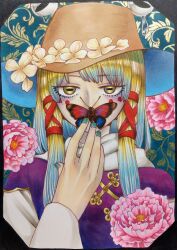 Rule 34 | 1girl, blonde hair, bow, brown headwear, bug, butterfly, butterfly on mouth, chinese clothes, facial tattoo, flower, green nails, hair bow, hat, hat flower, hat ornament, highres, horizontal pupils, insect, long hair, looking at viewer, moriya suwako, nail polish, pink flower, purple vest, red bow, saliva, sleeves past wrists, sweater, tattoo, touhou, traditional media, vest, white flower, white sweater, whoru, wide sleeves, yellow eyes