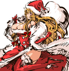 Rule 34 | 1girl, bare shoulders, blonde hair, boots, bow, breasts, christmas, cleavage, elbow gloves, gloves, hair bow, hat, highres, large breasts, long hair, nameo (judgemasterkou), purple eyes, red gloves, red thighhighs, sack, santa costume, santa hat, side slit, solo, thigh boots, thighhighs, touhou, yakumo yukari