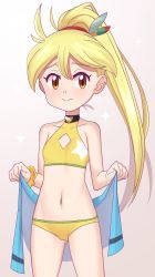 Rule 34 | 1girl, bikini, blonde hair, breasts, brown eyes, closed mouth, collarbone, commentary request, cowboy shot, creatures (company), diamond cutout, eyelashes, game freak, gazing eye, hair ornament, highres, holding, holding towel, long hair, looking at viewer, navel, nintendo, pokemon, pokemon adventures, ponytail, raised eyebrows, sparkle, split mouth, swimsuit, towel, yellow (pokemon), yellow bikini