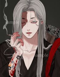 Rule 34 | 1boy, arm tattoo, backpack, bag, black kimono, burn scar, cigarette, closed mouth, collarbone, commission, fingernails, flame tattoo, flower tattoo, grey background, grey eyes, grey hair, hand up, highres, holding, holding cigarette, japanese clothes, kagoya1219, kimono, long hair, long sleeves, looking at viewer, one eye closed, original, parted hair, sample watermark, sanpaku, scar, scar on face, smoke, smoking, solo, straight-on, straight hair, tattoo, watermark