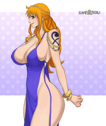 Rule 34 | 1girl, absurdres, alternate costume, ass, breasts, brown eyes, cleavage, curvy, dress, highres, huge ass, jewelry, kameseru, large breasts, long hair, nami (one piece), nami (one piece) (post-timeskip), nami (one piece) (zou), official alternate costume, one piece, orange hair, revealing clothes, short dress, side slit, strap gap, tattoo, very long hair, wide hips