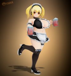 Rule 34 | 1girl, 3d, belly, black thighhighs, blender (medium), blonde hair, blush, breasts, cleavage, fat, footwear bow, headphones, highres, huge breasts, large breasts, looking at viewer, maid, maid headdress, microskirt, navel, nitroplus, orange eyes, otsunao, plump, skirt, smile, solo, standing, stomach, super pochaco, super thick, thighhighs, tongue, tongue out, tsuji santa, twintails, underwear