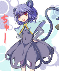 Rule 34 | 1girl, animal ears, bad id, bad pixiv id, blue hair, blush, breasts, capelet, covered navel, cropped legs, dress, female focus, hakika, hand on own hip, hands on own hips, long sleeves, looking to the side, mouse ears, mouse tail, nazrin, open mouth, purple dress, purple hair, red eyes, short hair, small breasts, solo, standing, tail, touhou